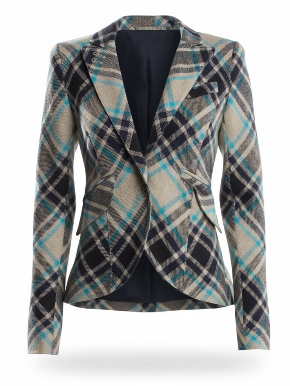 Smythe Plaid Blazer Blue Grey Turquoise Leather Elbow Patches 6